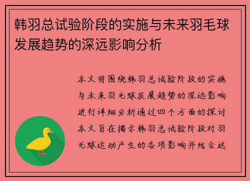 韩羽总试验阶段的实施与未来羽毛球发展趋势的深远影响分析